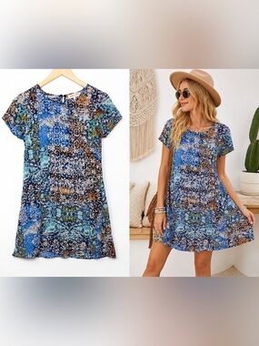 Eight Sixty Boho Print Mini Babydoll Swing Dress Blue Multicolor XS Festival Art